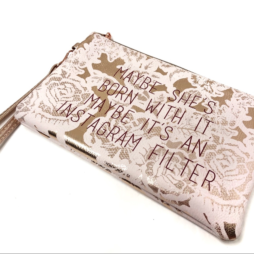 Wristlet Phone Charger Pouch NWOT Rose Gold Lace Print Funny